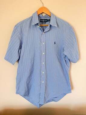 Ralph Lauren, Classic Fit, Blue Striped Short Sleeve 100% Cotton Button Down, L